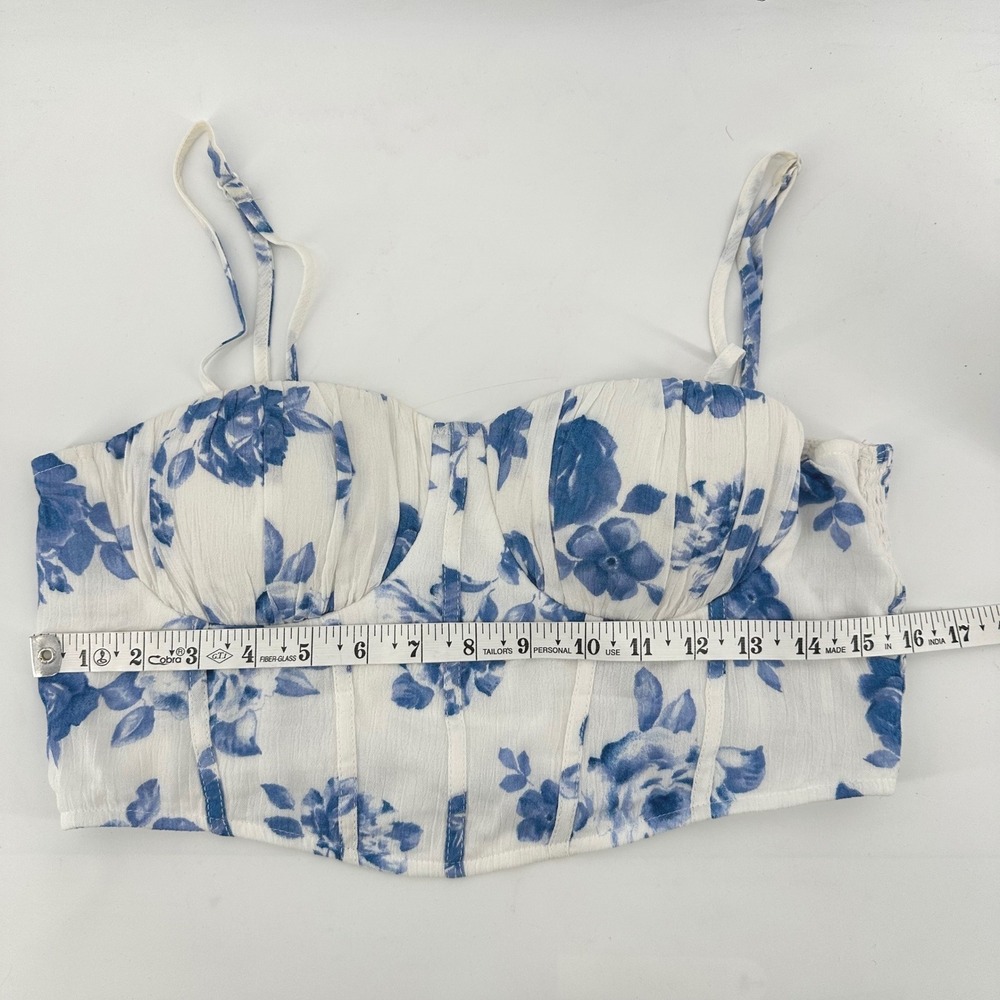 Privy 2 Piece Skirt Set Baby Doll Top Smocked L Blue White Floral Cottage Beach - Picture 7 of 8
